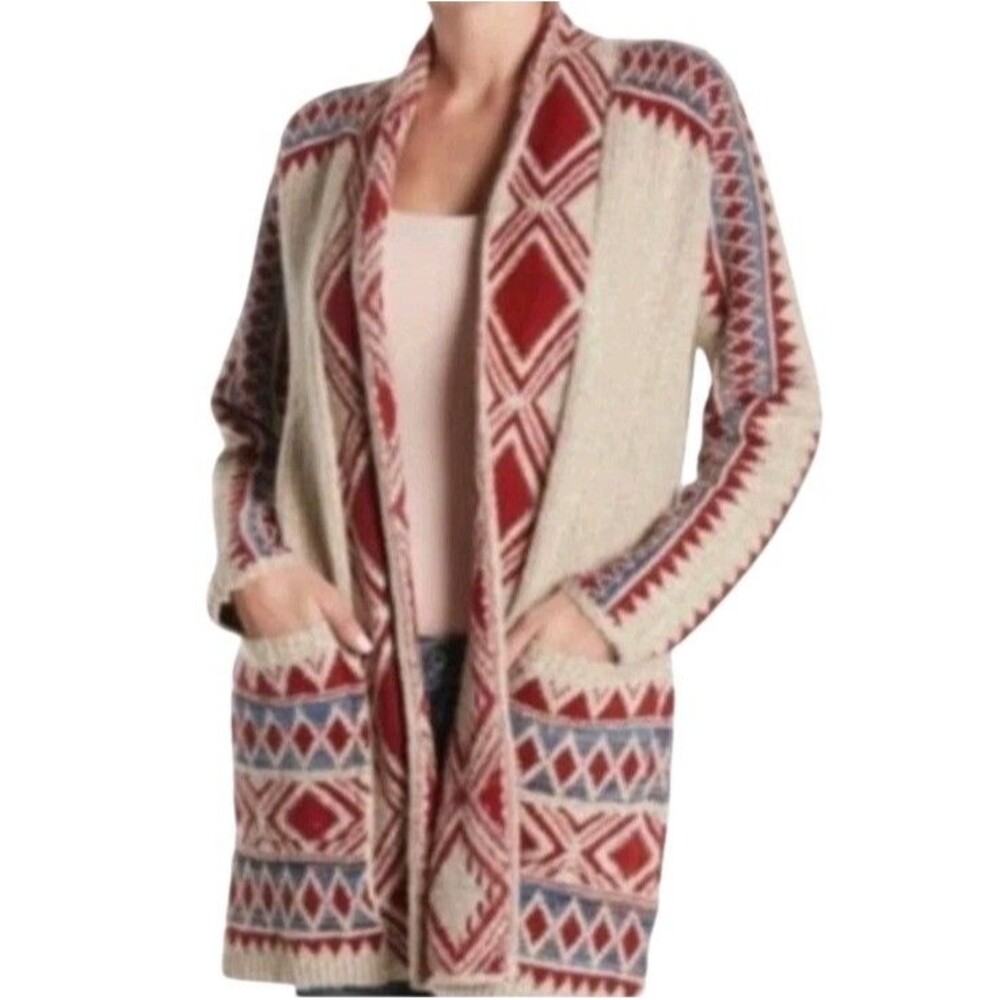 Lucky Brand Southwest Open Front Cardigan Sweater Womens XL Beige Aztec Boho